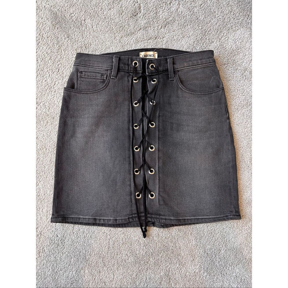 NWOT L'Agence Portia high-rise lace-up denim mini skirt, Sz 25, $285 F44 - Picture 2 of 8